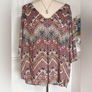 Lattice V Neck Red White Black Aztec Print Tunic